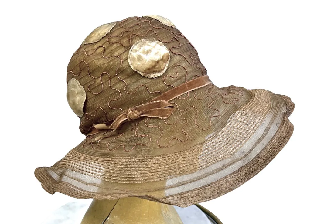Antique Womens Cloche Hat  920s Taupe Horsehair Wide Brim M Flapper Garden Party