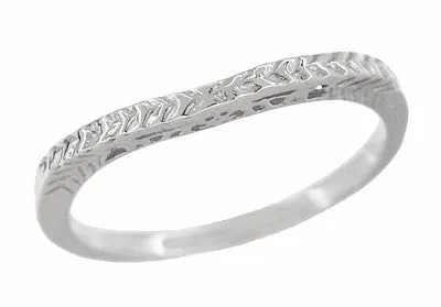 Crown of Leaves Art Deco Curved Filigree Engraved Wedding Band in 14K or 18K White Gold