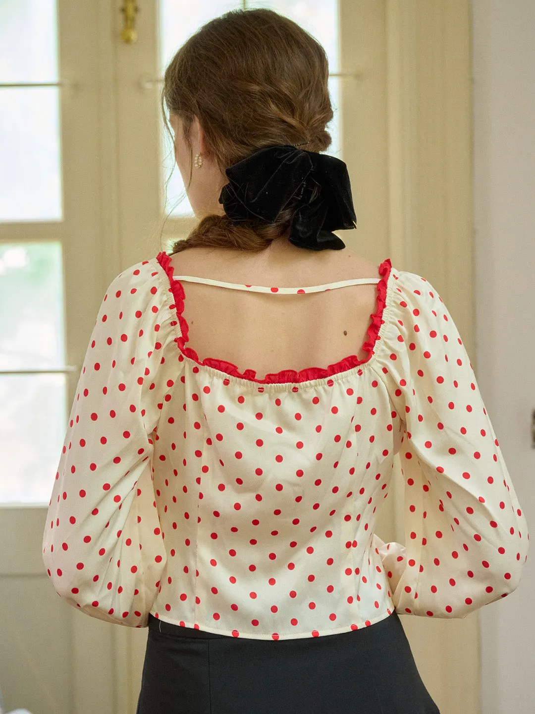 【Final Sale】Ashlynn Square Collar Contrasting Polka Dots Bow Blouse