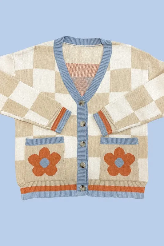 Retro flower checkered cardigan
